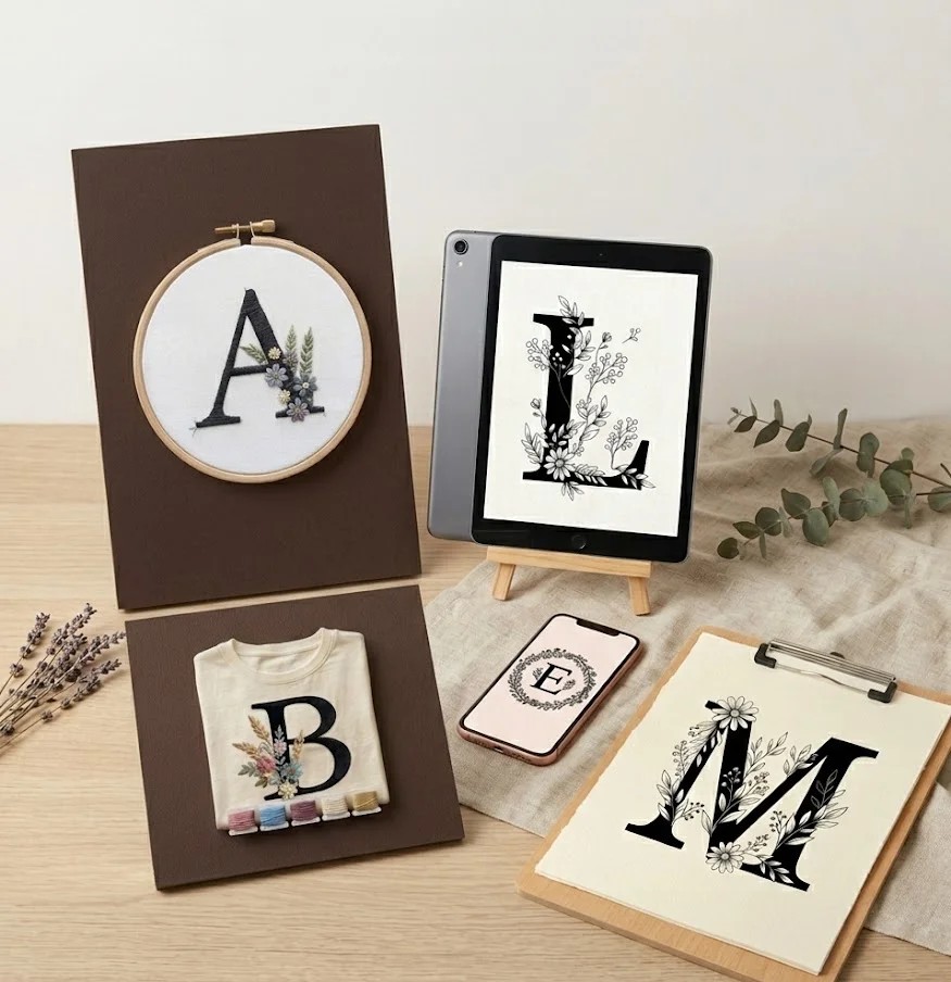 Alfabeto floral en tablet, móvil y bastidor
