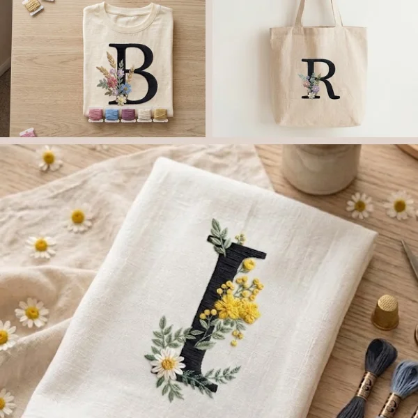 Ejemplos del alfabeto en camisetas, bolsas y textiles